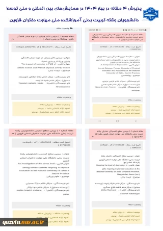 پذیرش 4 مقاله در بهار 1404 از همایش‌های بین المللی و ملی توسط دانشجویان رشته تربیت بدنی آموزشکده ملی مهارت دختران قزوین